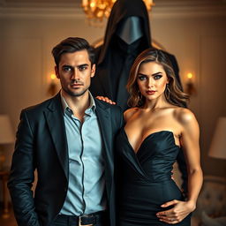 A beautiful, confident woman in a stylish outfit standing next to a young billionaire husband, both exuding charm and wealth