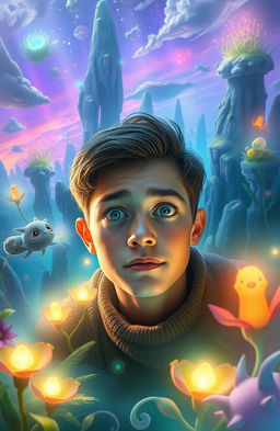 A person trapped in a mystical dream world, surrounded by ethereal landscapes and vibrant colors