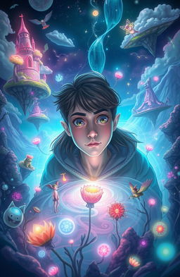 A person trapped in a mystical dream world, surrounded by ethereal landscapes and vibrant colors