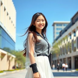 An Asian college student standing on a university campus, wearing a stylish, transparent uniform that elegantly drapes over her figure