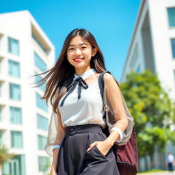 An Asian college student standing on a university campus, wearing a stylish, transparent uniform that elegantly drapes over her figure