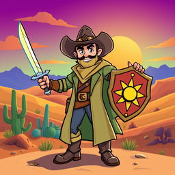 A colorful and dynamic cartoon depiction of a cowboy paladin, showcasing a heroic figure dressed in traditional cowboy attire, with a stylish hat, spurs, and a long coat