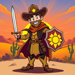 A colorful and dynamic cartoon depiction of a cowboy paladin, showcasing a heroic figure dressed in traditional cowboy attire, with a stylish hat, spurs, and a long coat