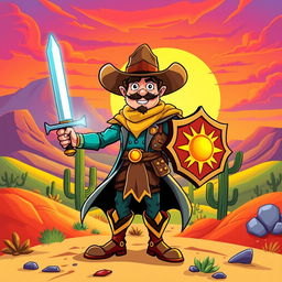 A colorful and dynamic cartoon depiction of a cowboy paladin, showcasing a heroic figure dressed in traditional cowboy attire, with a stylish hat, spurs, and a long coat