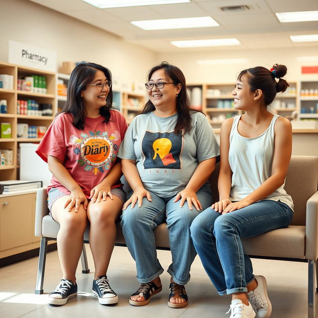 A cozy and natural scene set in a pharmacy waiting room, featuring a group of three women