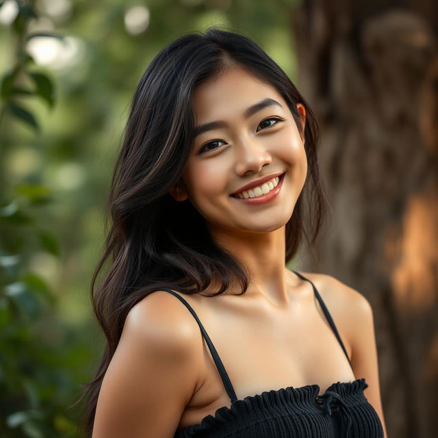 A sensual and artistic depiction of an Asian college student in a serene natural setting, emphasizing her natural beauty and confidence