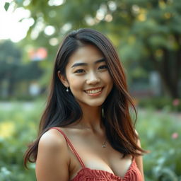 A sensual and artistic depiction of an Asian college student in a serene natural setting, emphasizing her natural beauty and confidence