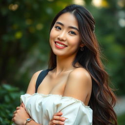 A sensual and artistic depiction of an Asian college student in a serene natural setting, emphasizing her natural beauty and confidence