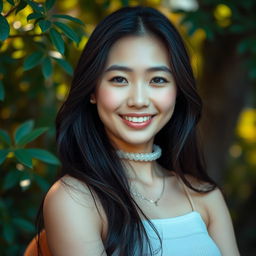 A sensual and artistic depiction of an Asian college student in a serene natural setting, emphasizing her natural beauty and confidence