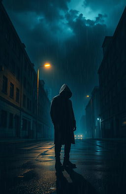 An artistic representation inspired by the themes of crime and punishment, featuring a somber, shadowy urban landscape at night