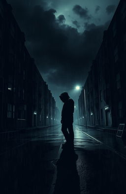An artistic representation inspired by the themes of crime and punishment, featuring a somber, shadowy urban landscape at night