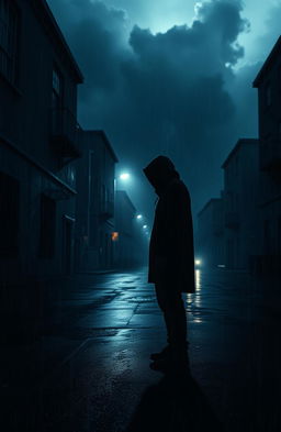 An artistic representation inspired by the themes of crime and punishment, featuring a somber, shadowy urban landscape at night