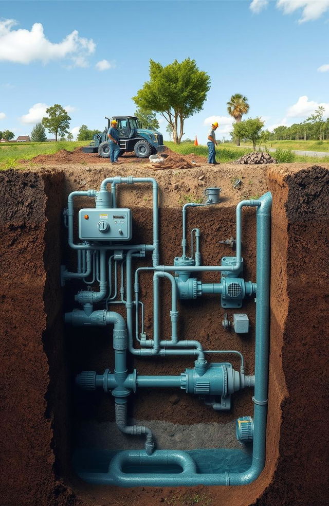 An advanced underground water removal system, featuring a complex network of pipes and pumps, intricate drainage mechanisms, and soil filtration