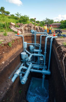 An advanced underground water removal system, featuring a complex network of pipes and pumps, intricate drainage mechanisms, and soil filtration