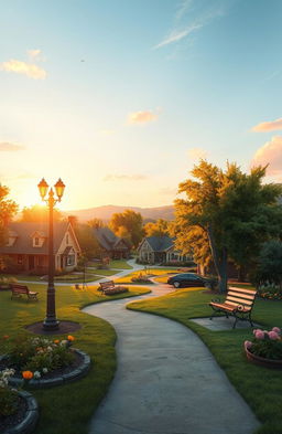 A serene and nostalgic landscape depicting a small, charming hometown filled with rustic houses, a quaint main street, and lush green trees, bathed in warm golden sunlight