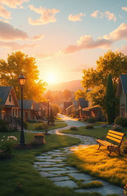 A serene and nostalgic landscape depicting a small, charming hometown filled with rustic houses, a quaint main street, and lush green trees, bathed in warm golden sunlight