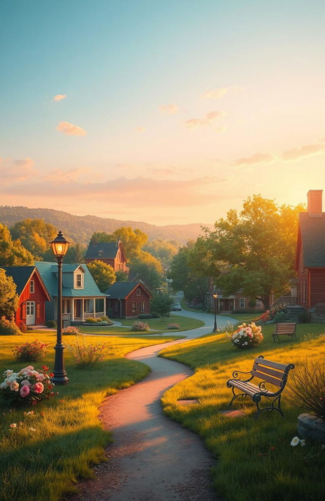 A serene and nostalgic landscape depicting a small, charming hometown filled with rustic houses, a quaint main street, and lush green trees, bathed in warm golden sunlight