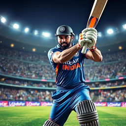 A dynamic and intense portrayal of Rohit Sharma showcasing his aggression on the cricket field