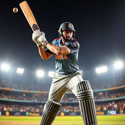 A dynamic and intense portrayal of Rohit Sharma showcasing his aggression on the cricket field