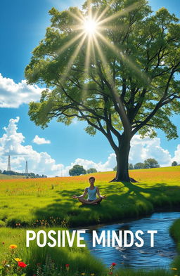 A serene landscape representing a positive mindset, featuring a clear blue sky with fluffy white clouds, a vibrant green meadow dotted with colorful wildflowers, and a calm river flowing through the scene