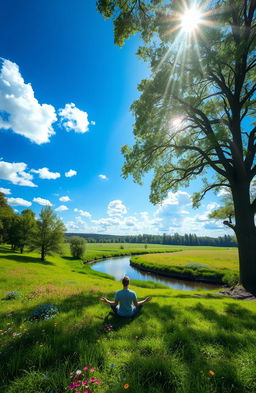 A serene landscape representing a positive mindset, featuring a clear blue sky with fluffy white clouds, a vibrant green meadow dotted with colorful wildflowers, and a calm river flowing through the scene