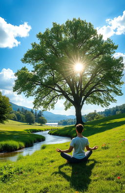 A serene landscape representing a positive mindset, featuring a clear blue sky with fluffy white clouds, a vibrant green meadow dotted with colorful wildflowers, and a calm river flowing through the scene
