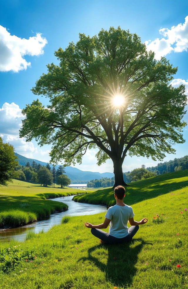 A serene landscape representing a positive mindset, featuring a clear blue sky with fluffy white clouds, a vibrant green meadow dotted with colorful wildflowers, and a calm river flowing through the scene