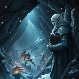 A snow elf leaning against the rocky wall of a cave entrance, observing a fierce battle unfolding in the depths of a dungeon below