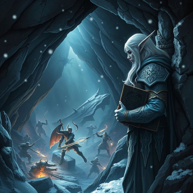 A snow elf leaning against the rocky wall of a cave entrance, observing a fierce battle unfolding in the depths of a dungeon below