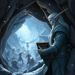 A snow elf leaning against the rocky wall of a cave entrance, observing a fierce battle unfolding in the depths of a dungeon below