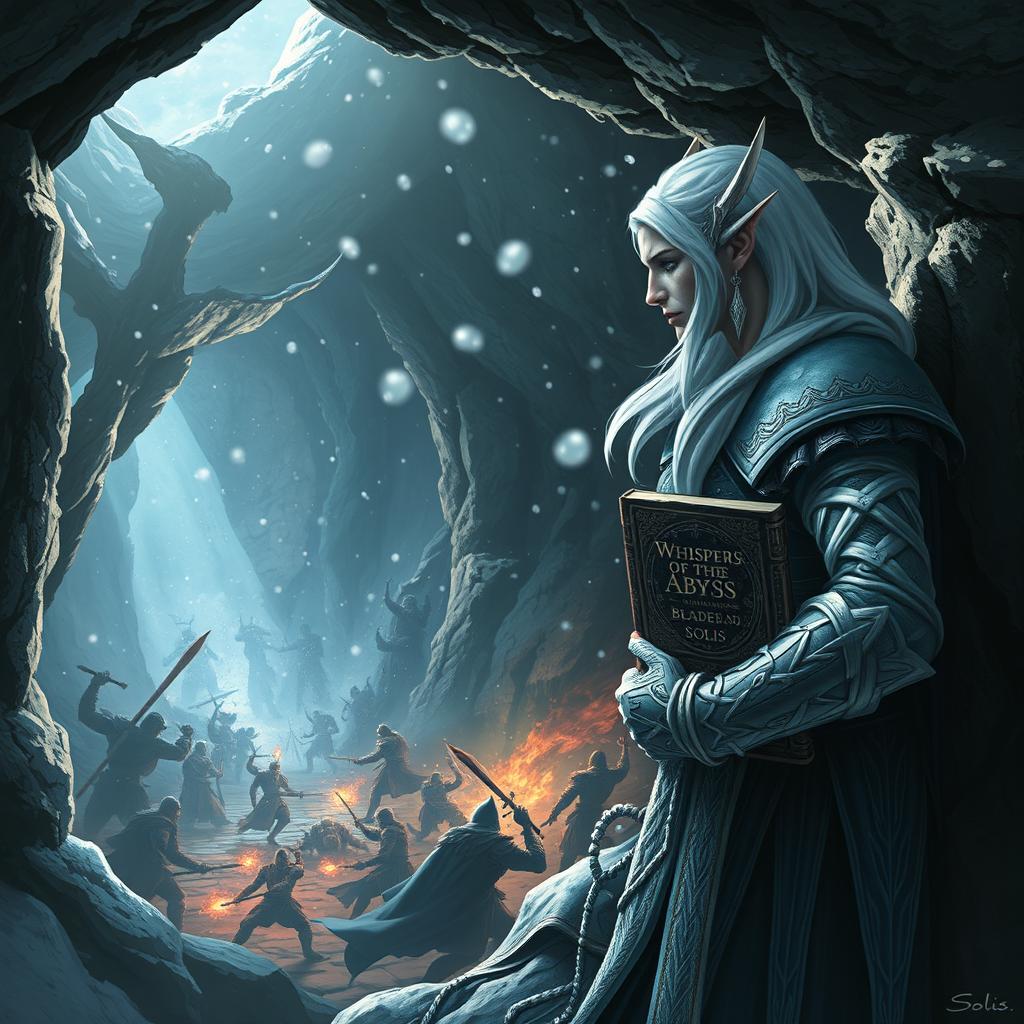 A snow elf leaning against the rocky wall of a cave entrance, observing a fierce battle unfolding in the depths of a dungeon below