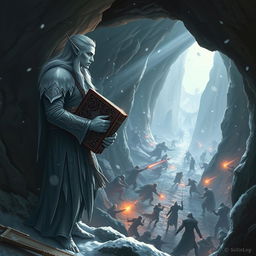 A snow elf leaning against the rocky wall of a cave entrance, observing a fierce battle unfolding in the depths of a dungeon below