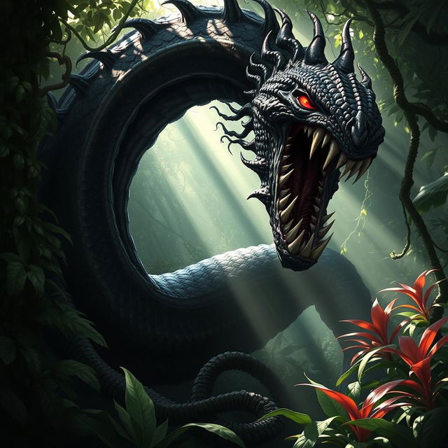 A large, fearsome remorhaz lurking in a dense jungle, its body covered in dark, menacing scales that shimmer ominously in the dappled sunlight filtering through the thick foliage