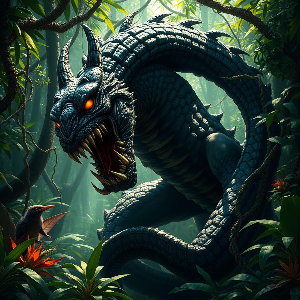 A large, fearsome remorhaz lurking in a dense jungle, its body covered in dark, menacing scales that shimmer ominously in the dappled sunlight filtering through the thick foliage