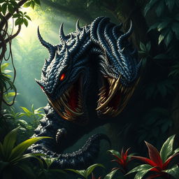 A large, fearsome remorhaz lurking in a dense jungle, its body covered in dark, menacing scales that shimmer ominously in the dappled sunlight filtering through the thick foliage