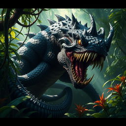 A large, fearsome remorhaz lurking in a dense jungle, its body covered in dark, menacing scales that shimmer ominously in the dappled sunlight filtering through the thick foliage