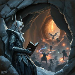 A snow elf leaning against the rocky wall of a cave entrance, observing a fierce battle taking place in the depths of a dungeon below