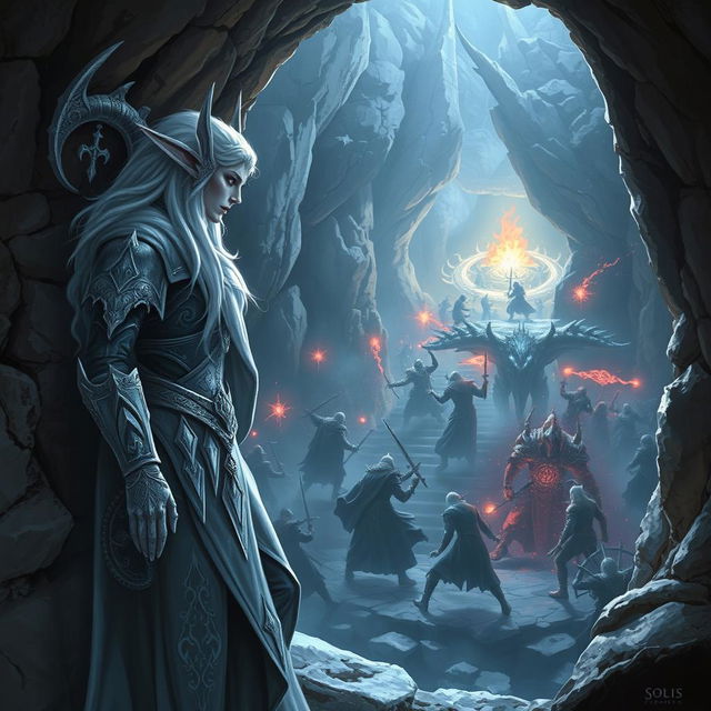 A snow elf leaning against the rocky wall of a cave entrance, observing a fierce battle taking place in the depths of a dungeon below