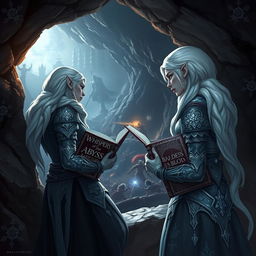 A snow elf leaning against the rocky wall of a cave entrance, observing a fierce battle taking place in the depths of a dungeon below