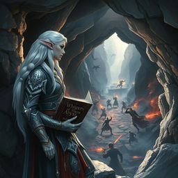 A snow elf leaning against the rocky wall of a cave entrance, observing a fierce battle taking place in the depths of a dungeon below