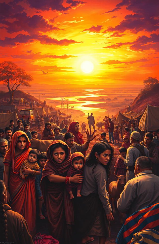 A dramatic and emotive depiction of the partition of India in 1947, showing the chaos and human struggle as families are torn apart, with a backdrop of a sunset that symbolizes both hope and sorrow