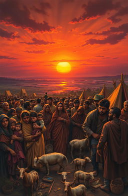 A dramatic and emotive depiction of the partition of India in 1947, showing the chaos and human struggle as families are torn apart, with a backdrop of a sunset that symbolizes both hope and sorrow