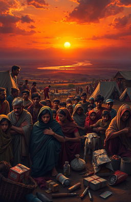 A dramatic and emotive depiction of the partition of India in 1947, showing the chaos and human struggle as families are torn apart, with a backdrop of a sunset that symbolizes both hope and sorrow