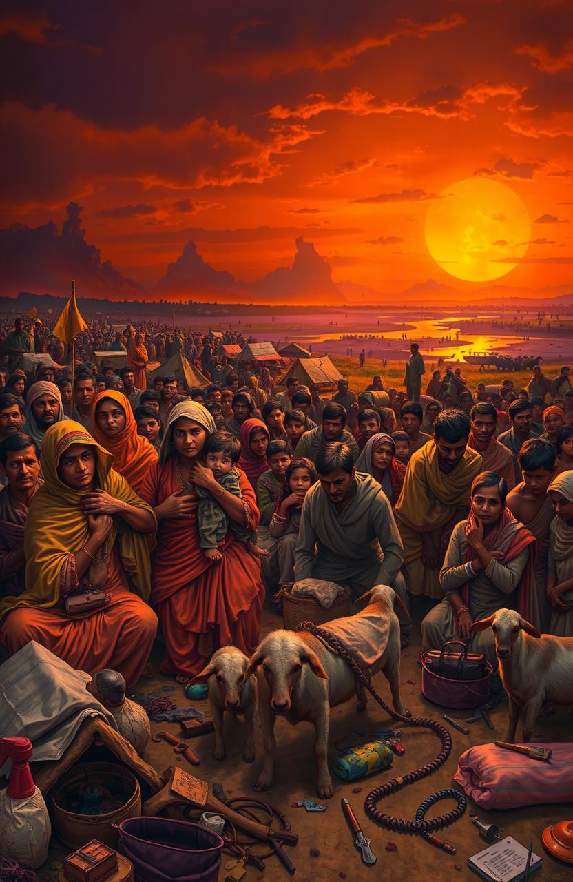 A dramatic and emotive depiction of the partition of India in 1947, showing the chaos and human struggle as families are torn apart, with a backdrop of a sunset that symbolizes both hope and sorrow