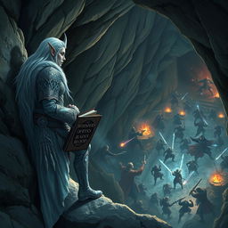 A snow elf leaning against the rocky wall of a cave entrance, watching intently from a height as a fierce battle rages in the depths of a dungeon