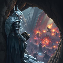 A snow elf leaning against the rocky wall of a cave entrance, watching intently from a height as a fierce battle rages in the depths of a dungeon