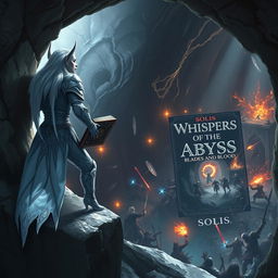 A snow elf leaning against the rocky wall of a cave entrance, watching intently from a height as a fierce battle rages in the depths of a dungeon