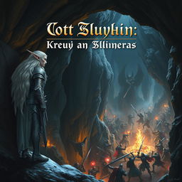 A snowy elf leaning against the wall of a cave, observing a fierce battle in an underground dungeon from a high vantage point