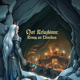 A snowy elf leaning against the wall of a cave, observing a fierce battle in an underground dungeon from a high vantage point
