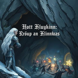 A snowy elf leaning against the wall of a cave, observing a fierce battle in an underground dungeon from a high vantage point